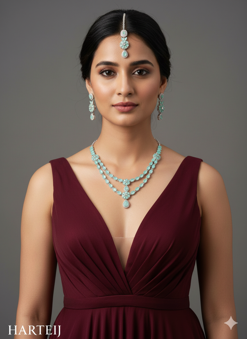 Green Silver CZ Necklace Jewellery Harteij Set