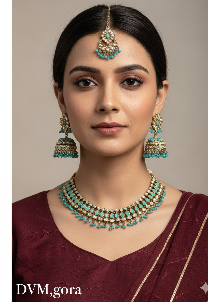 Maroon Antique Gold Necklace Jewellery Gora Set