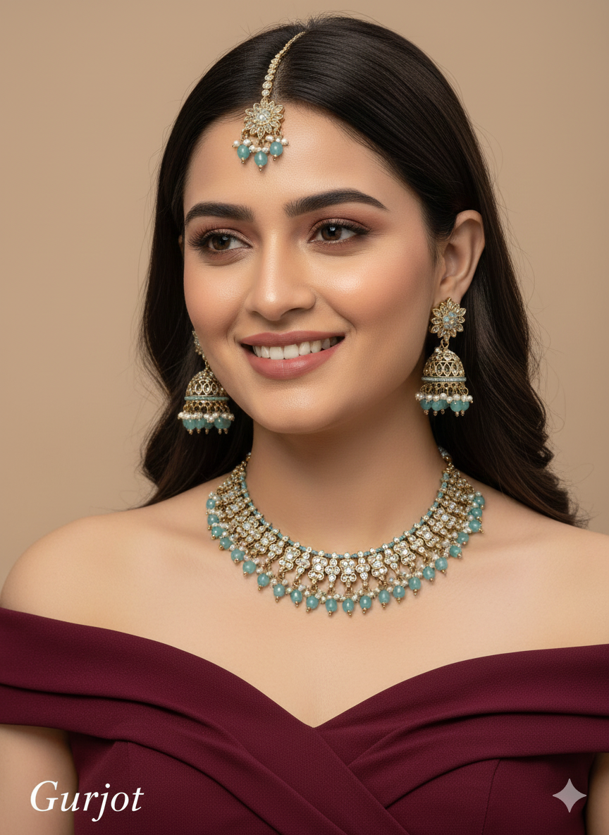 Sea Green Antique Gold Necklace Jewellery Gurjot Set