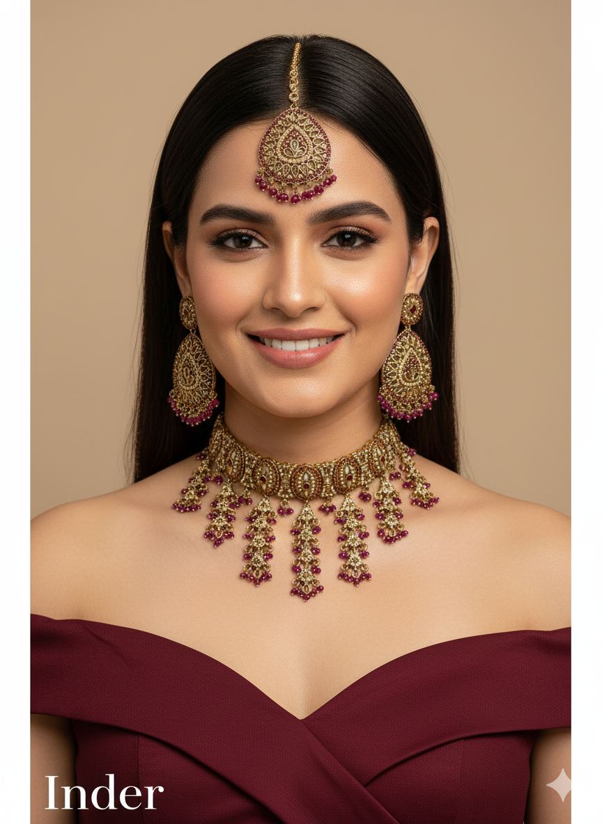 Multi Color Antique Gold Choker Jewellery Inder Set