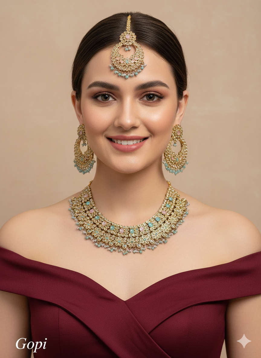 Mint Pink Antique Gold Necklace Jewellery Gopi Set