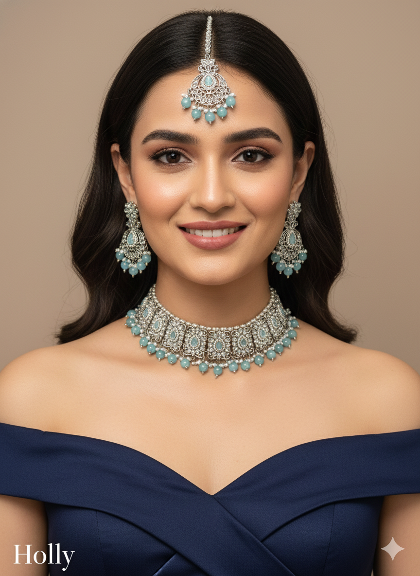 Silver SKy Blue Choker Jewellery Holly Set