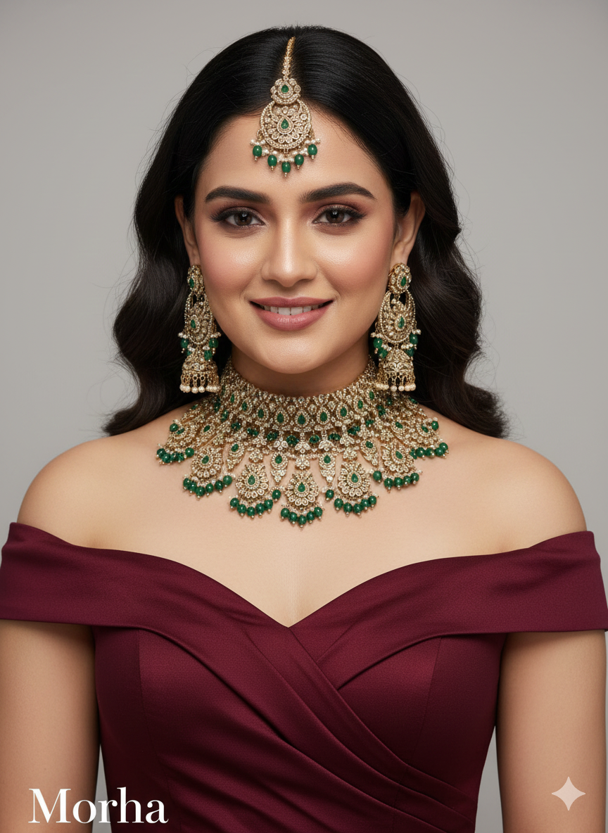 Green Antique Gold Choker Jewellery Morha Set