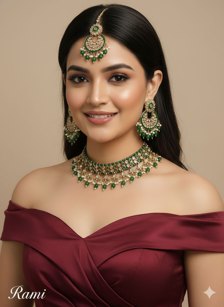 Green Antique Gold Choker Jewellery Rami Set