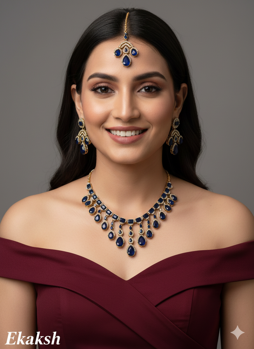 Mint Pink Antique Gold Zircon Necklace Jewellery Ekaksh Set