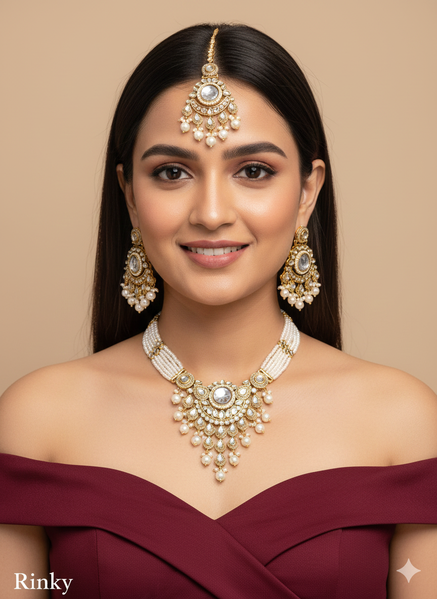 Gold white Kundan Choker Jewellery Rinki Sets