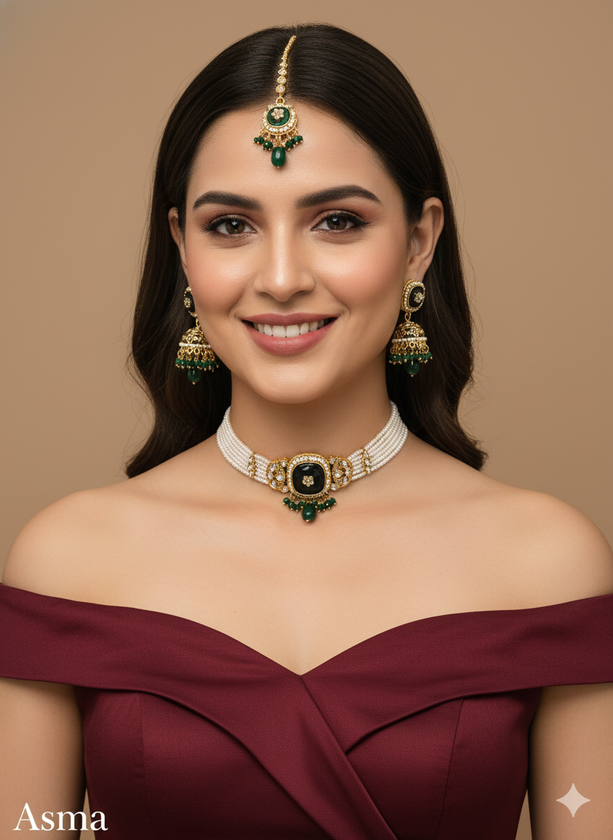 Gold Mint Pink Kundan Choker Jewellery Asma Sets
