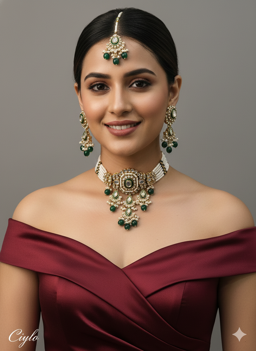 Maroon Green Kundan Choker Jewellery Ciylo Set