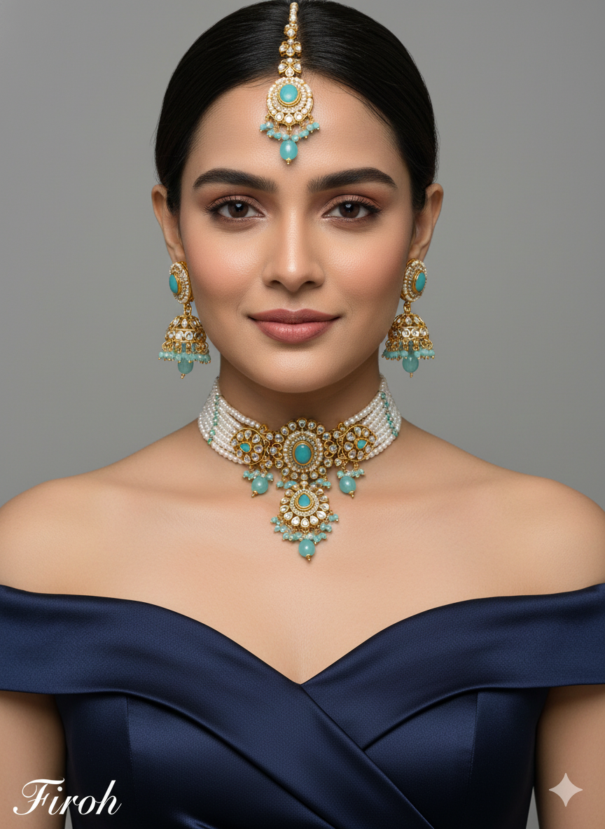 Sea Green Kundan Choker Jewellery Farhat Set