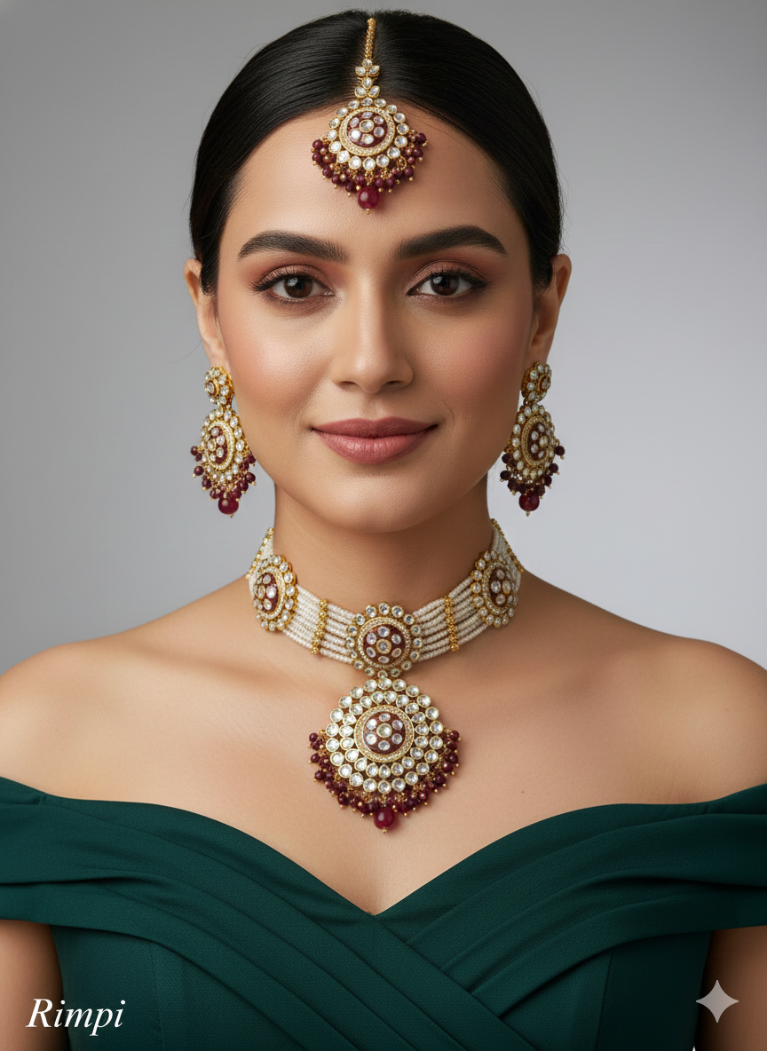 Maroon Kundan Choker Jewellery Rimpi Sets
