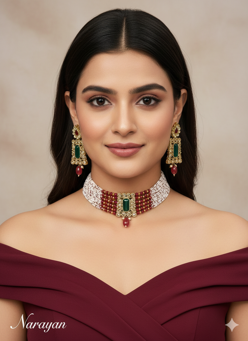 Green Champagne Stone Choker Jewellery Narayan Set