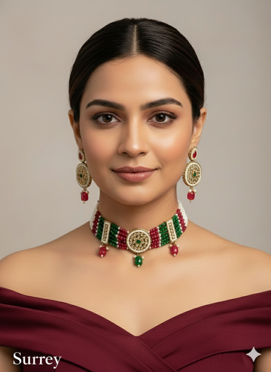 Ruby Green Champagne Stone Choker Jewellery Surrey Set