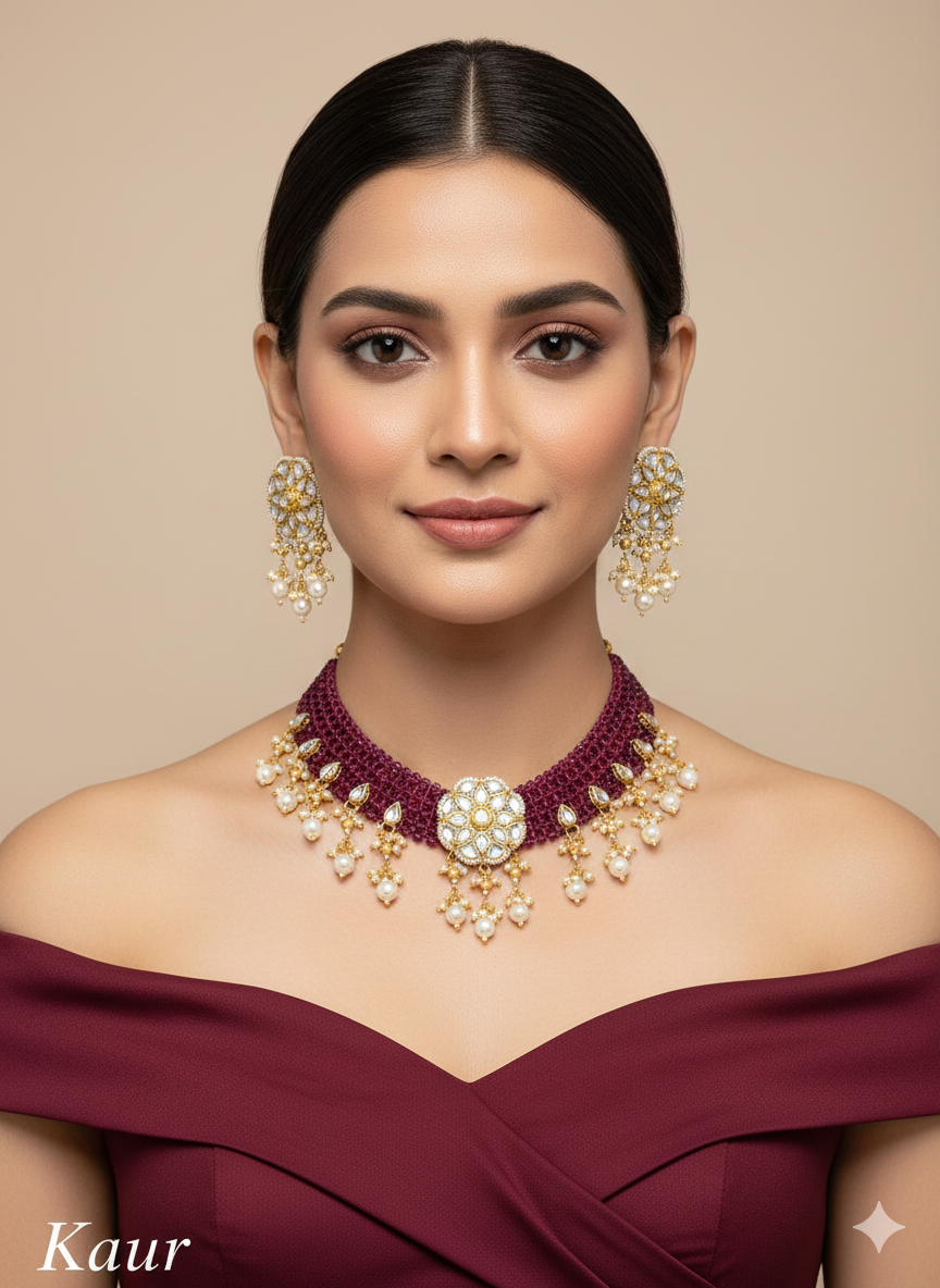 Ruby Kundan Necklace Jewellery Kaur Set