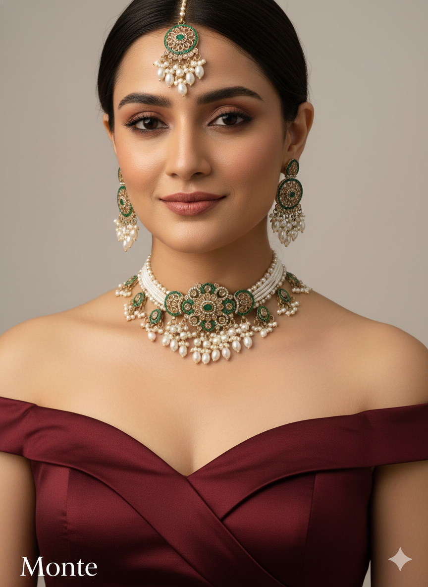 Maroon Antique Gold Choker Jewellery Monte Set