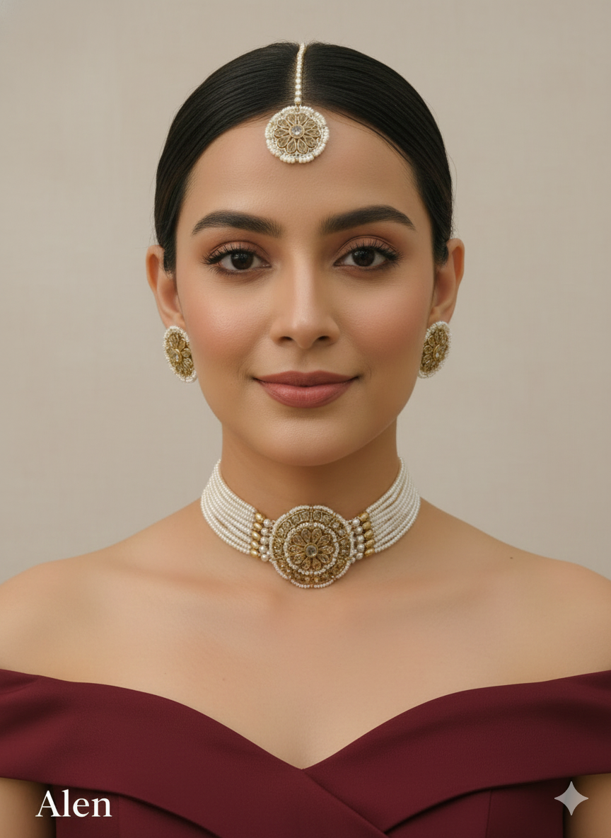 Antique Gold Champagne Stone Choker Jewellery Alen Set