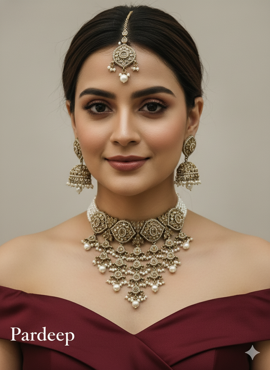 White Antique Gold Choker Jewellery Pardeep Set