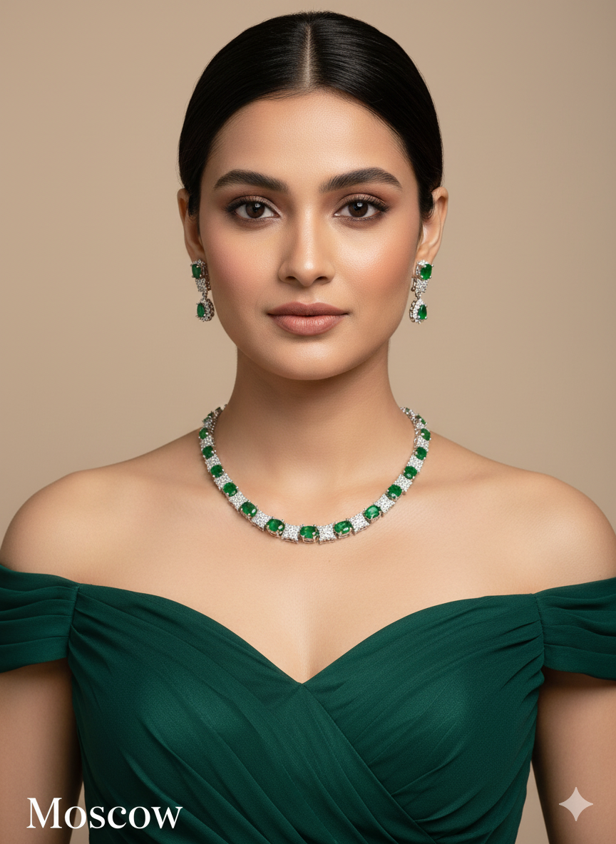 Green Silver CZ Necklace Jewellery Moscow Set