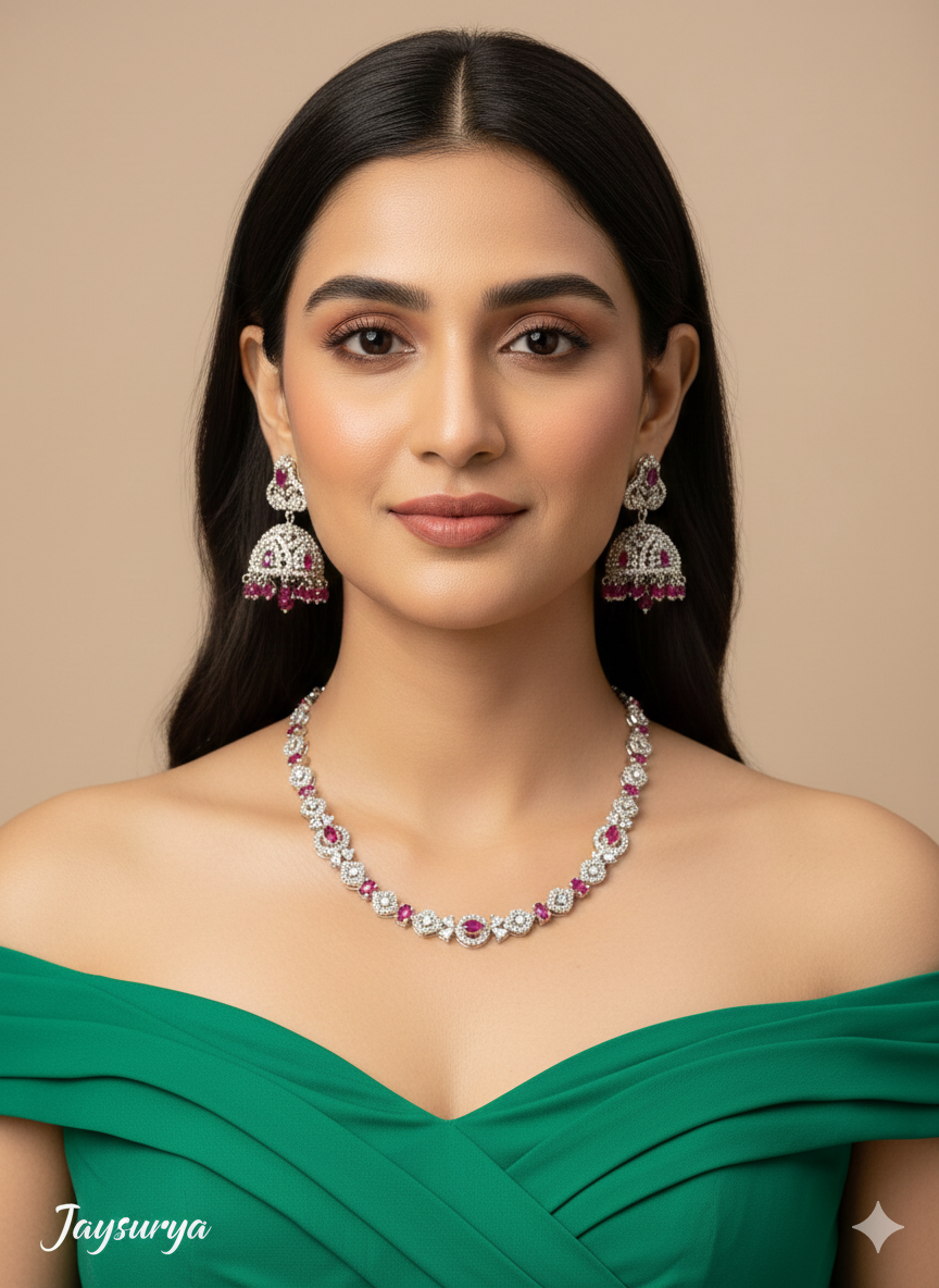 Mint Pink Silver CZ Necklace Jewellery Jaysurya Set