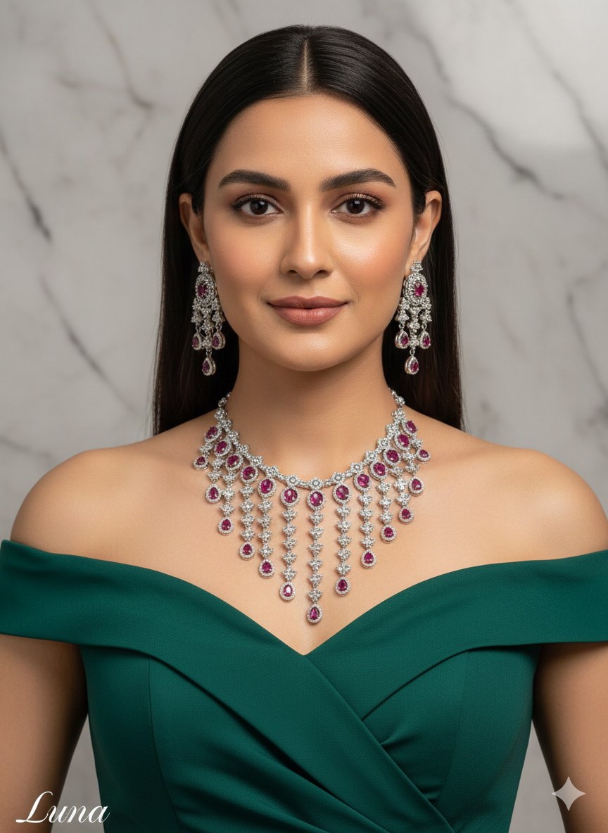 Silver Green American Diamond Ad Luna Necklace Set