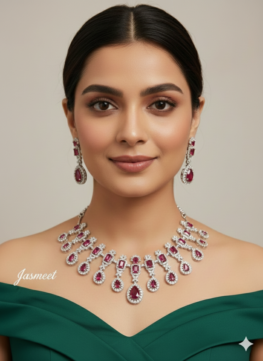Silver Ruby American Diamond Ad Jasmeet Necklace Set