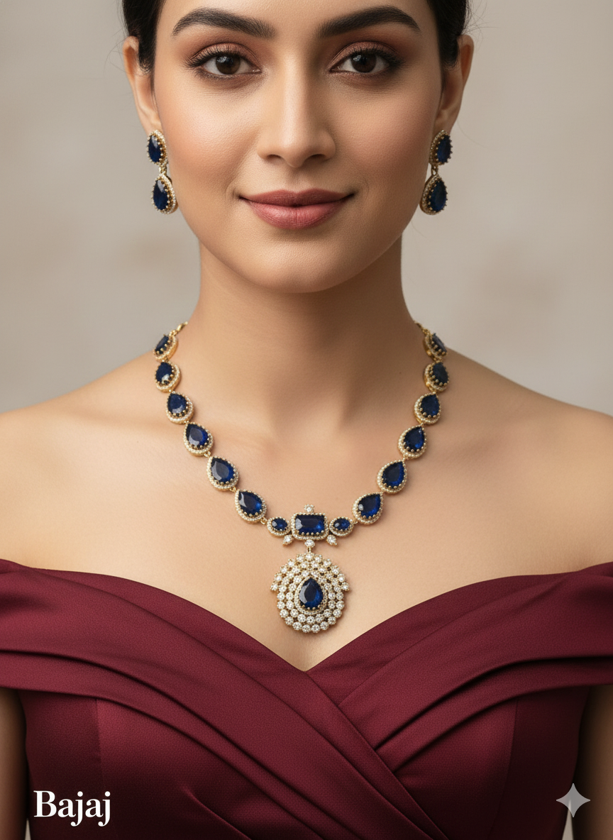 Blue Antique Gold CZ Necklace Jewellery Bajaj Set