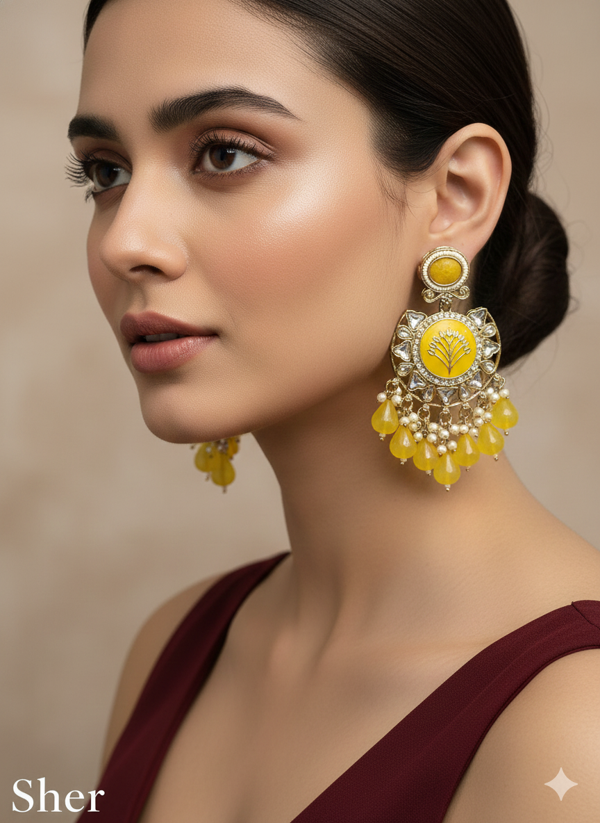 Yellow Kundan Sher Bollywood Earrings