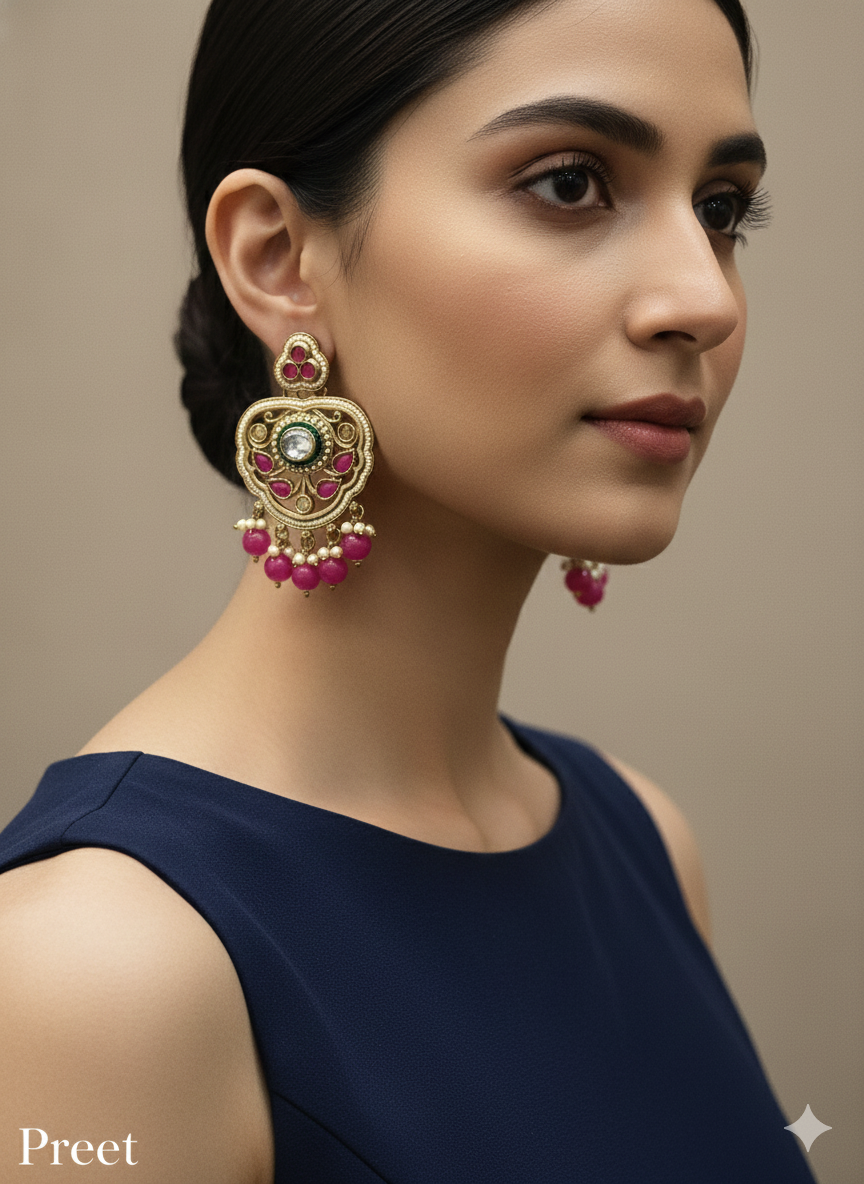 Dark Pink Antique Gold Bollywood Preet Earrings