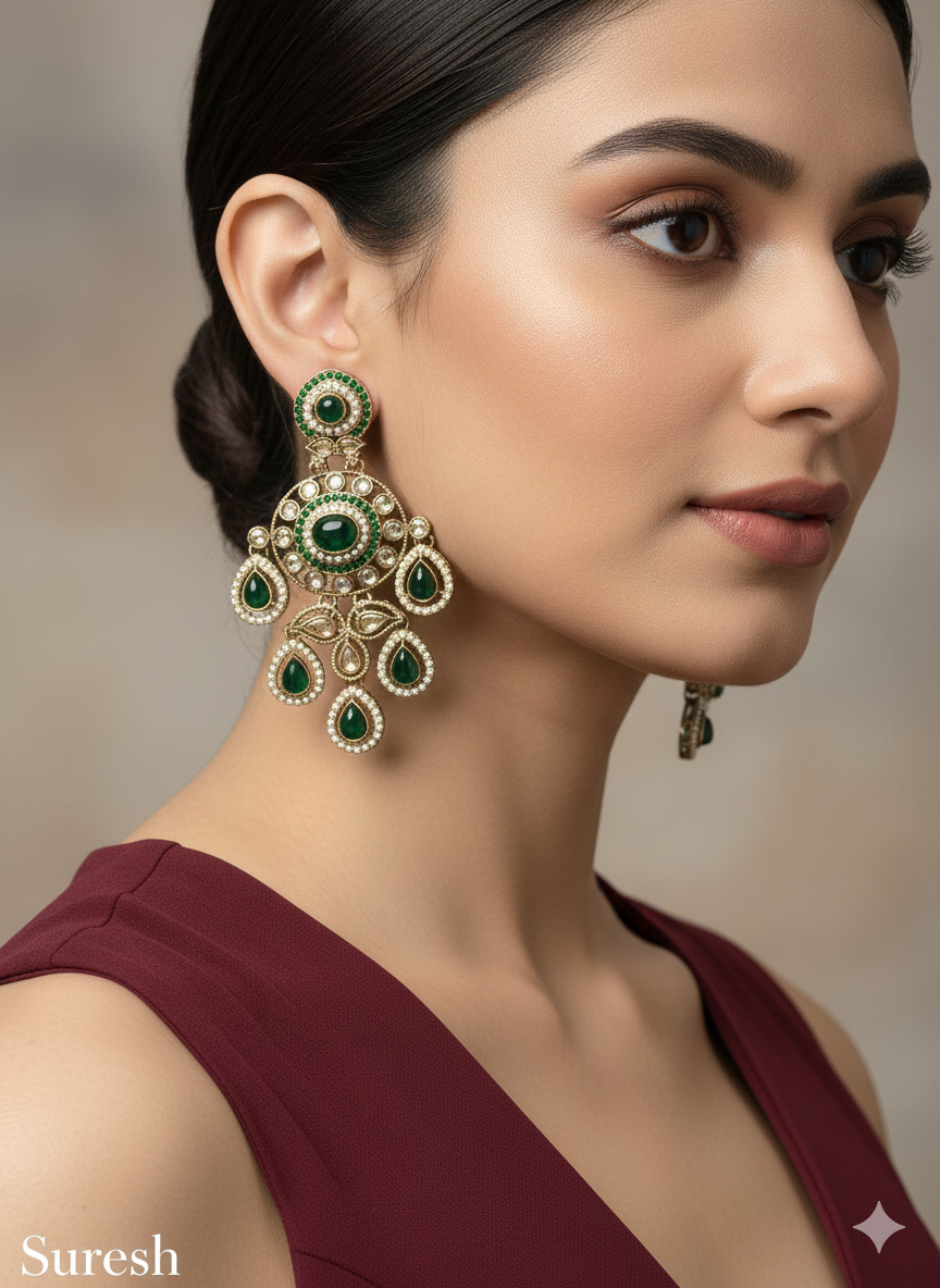 White Antique Gold Bollywood Suresh Earrings