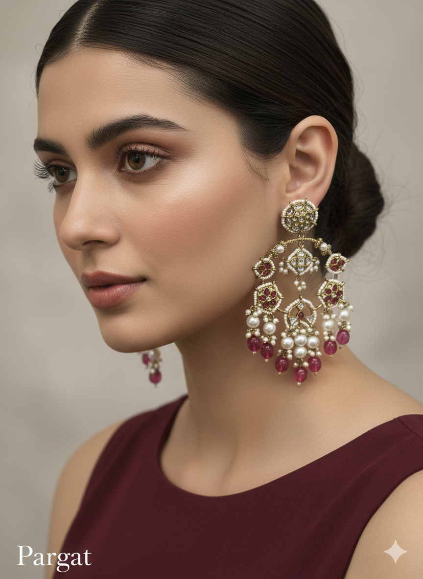 Dark Pink Kundan Bollywood Pargat Earrings