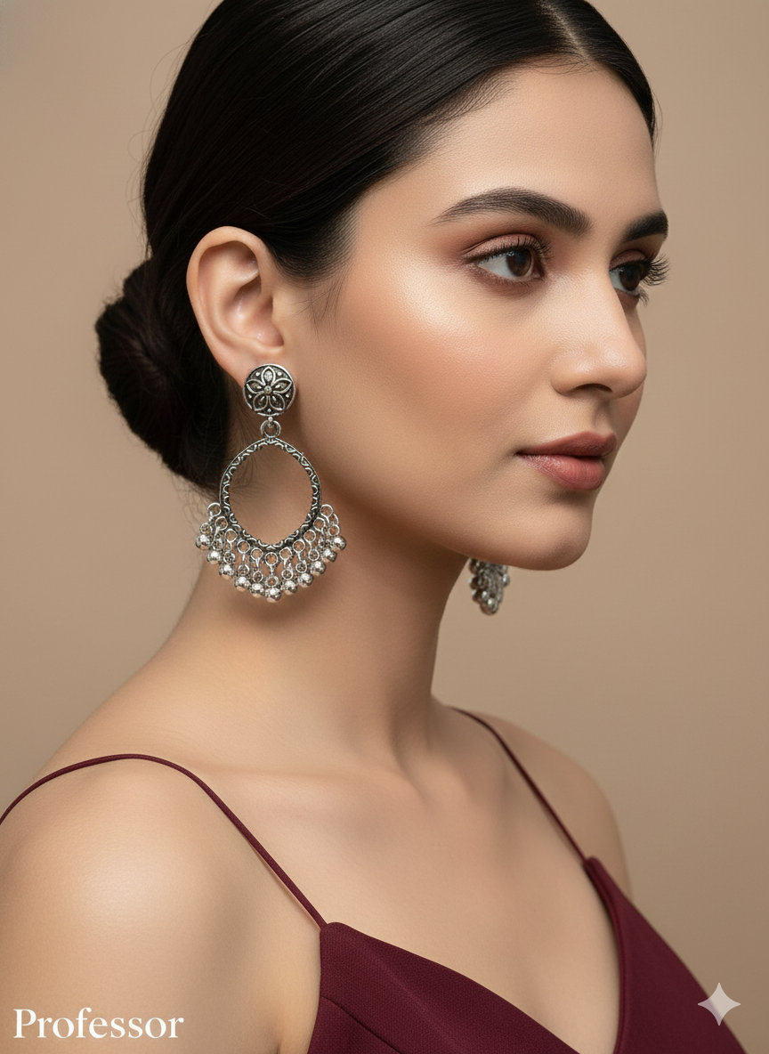 Antique Silver Oxidized Metal Professor Earrings Set
