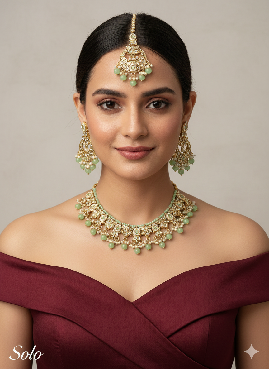 Pista Kundan Necklace Jewellery Solo Set