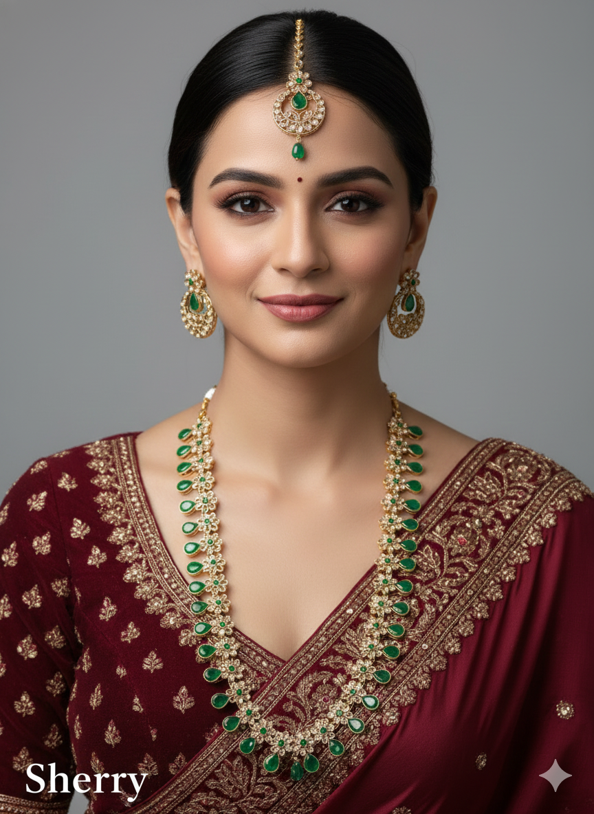 Green Long Haar Necklace Jewellery Sherry Set