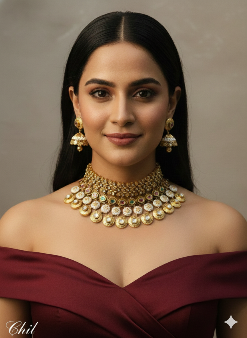 Ruby Green Gold Polki Choker Jewellery Kishu Set