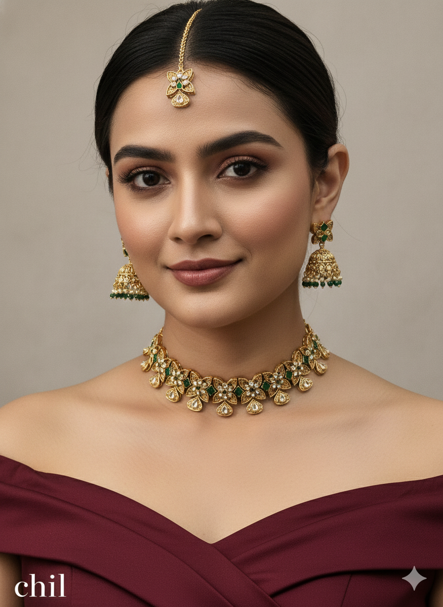 Gold Green Polki Jhumki Choker Jewellery Levit Set