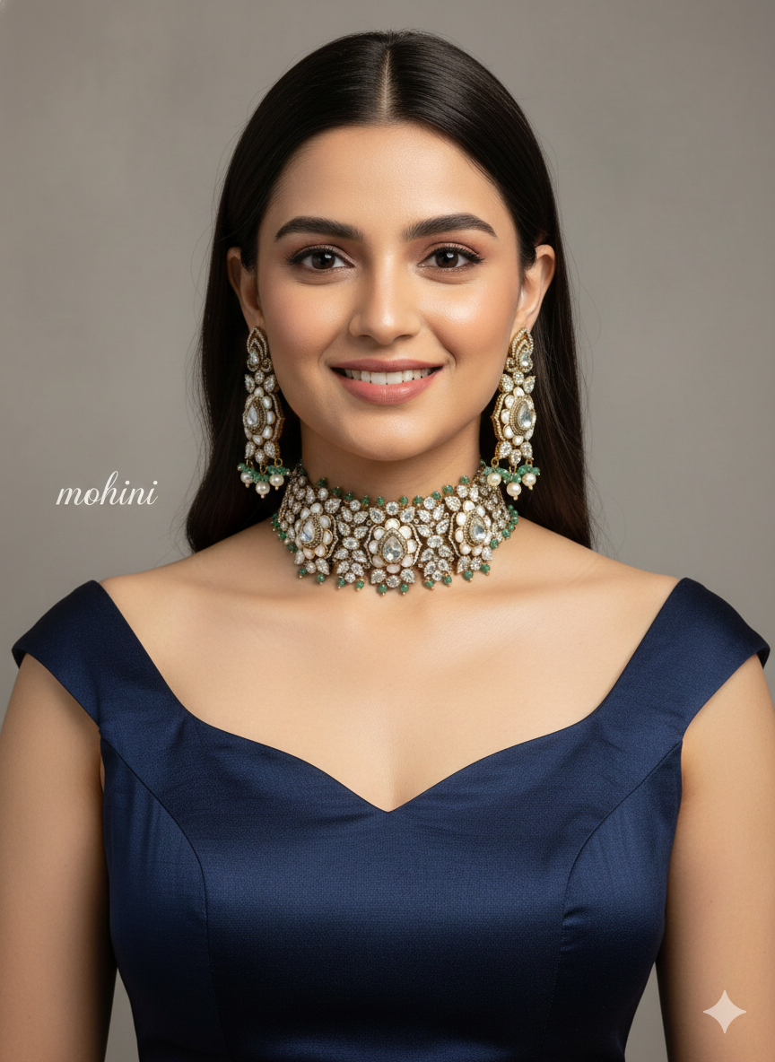 Sage Green Moissanite Kundan Mother Of Pearl Choker Jewellery Mohini Set