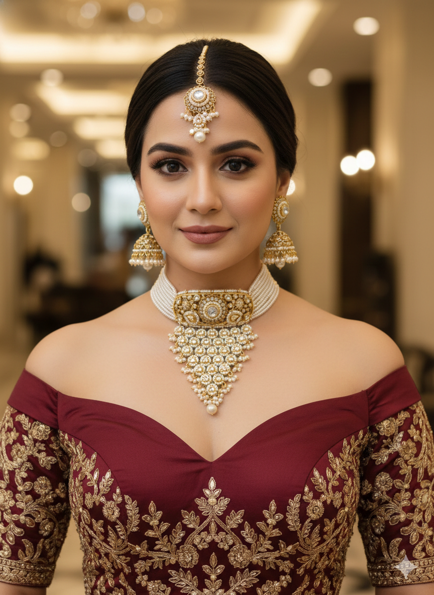 Gold White Kundan waterfall Choker Jewellery Lohit Set