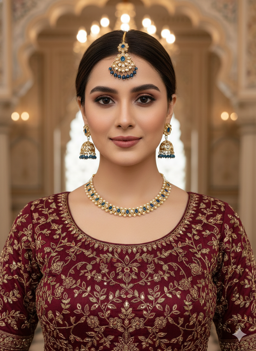 Antique Gold Blue Necklace Jewellery Jagjeet Bollywood sets