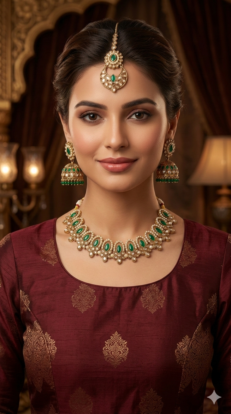 Antique Gold Green Necklace Jewellery Risha Bollywood sets