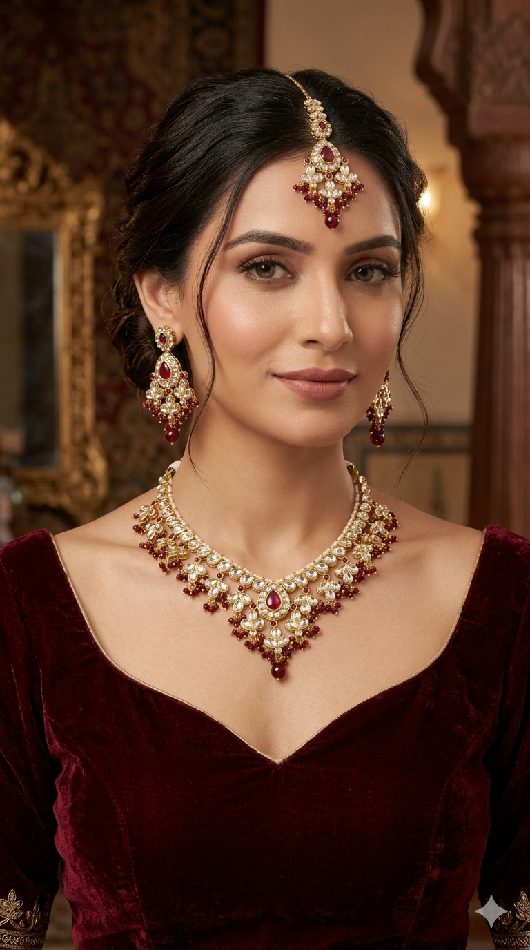 Gold Maroon Kundan Nacklace Shiza sets
