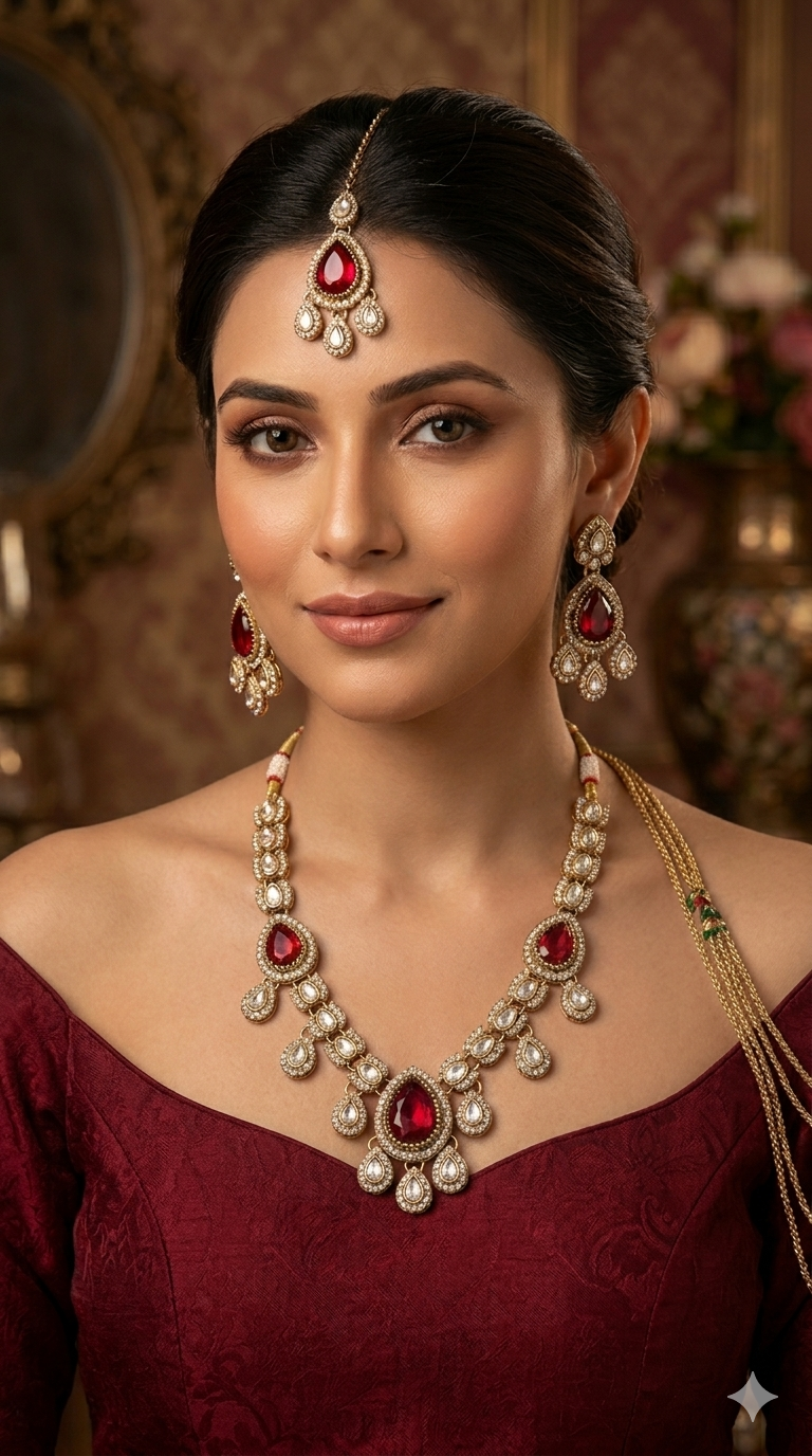 Antique Gold Maroon Moissanite Kundan Necklace Jewellery Lena Set