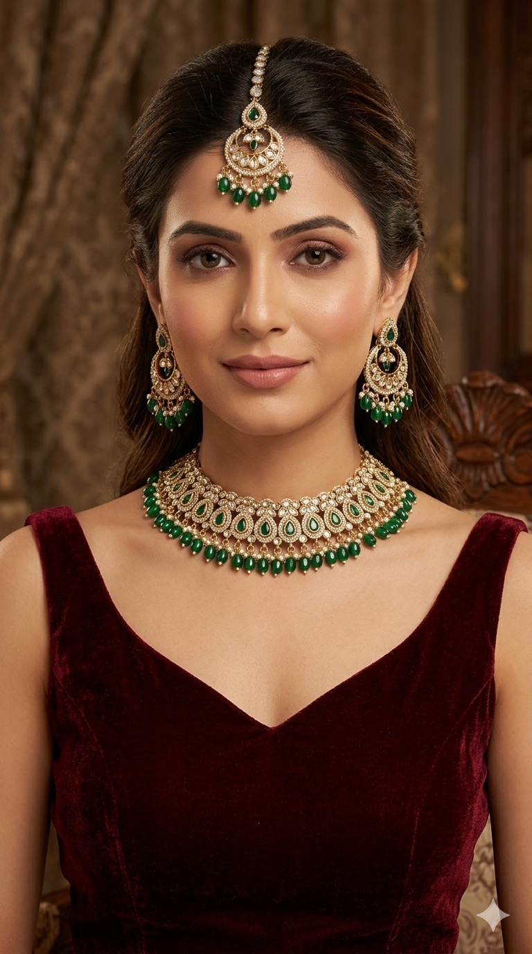 Antique Moissanite Maroon Kundan Necklace Jewellery Minno Set