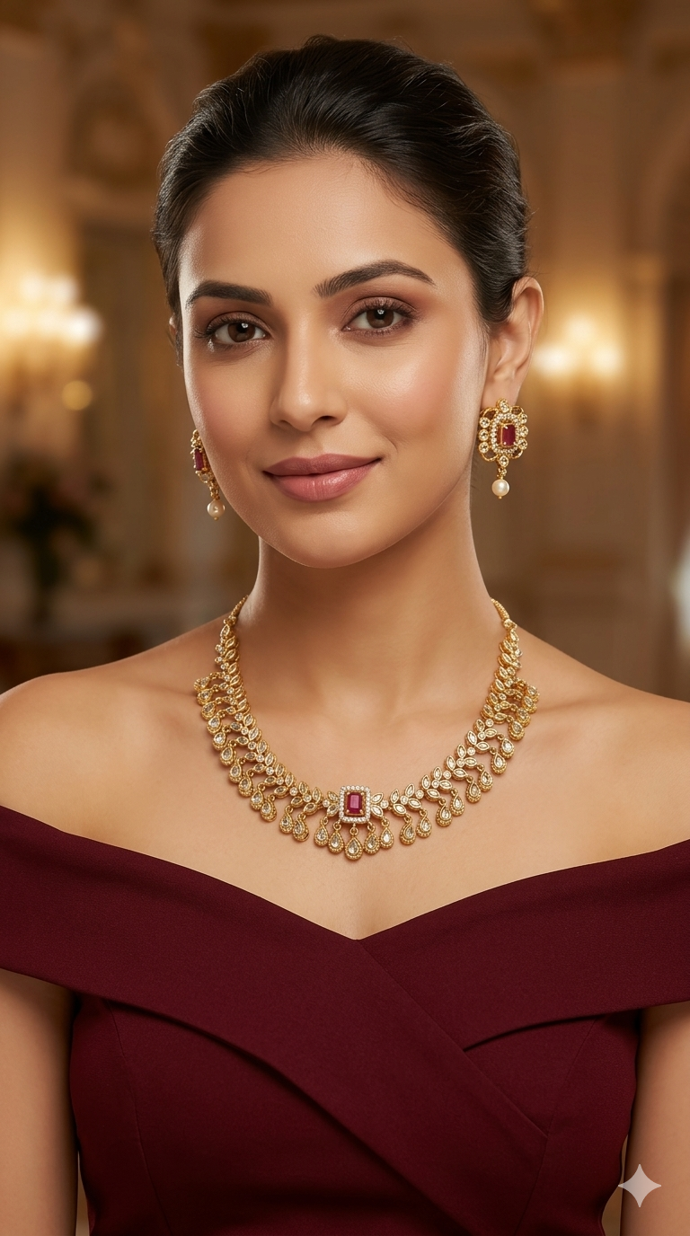 Gold Change Able Stone American Diamond Ad Maron Necklace Sets
