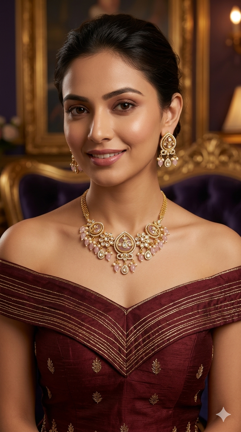 Gold Pink American Diamond Ad Disny Necklace Sets
