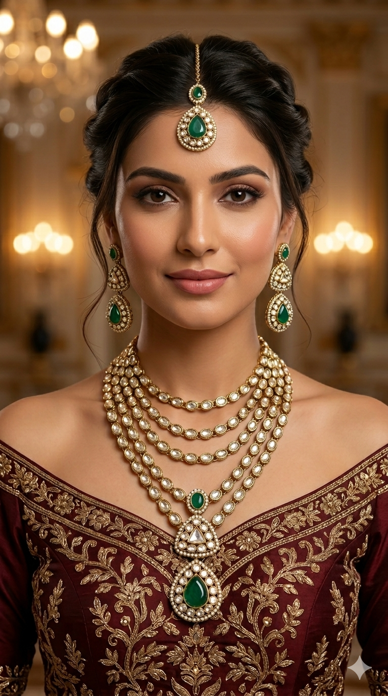 Gold Moissanite Green Kundan Necklace Jewellery Shipa Set