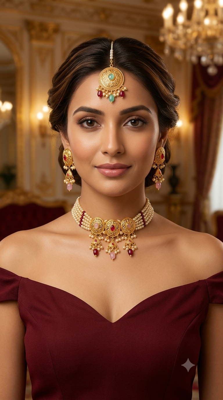 Mint Pink Gold Jadau Punjabi Style Choker Jewellery Jack Set
