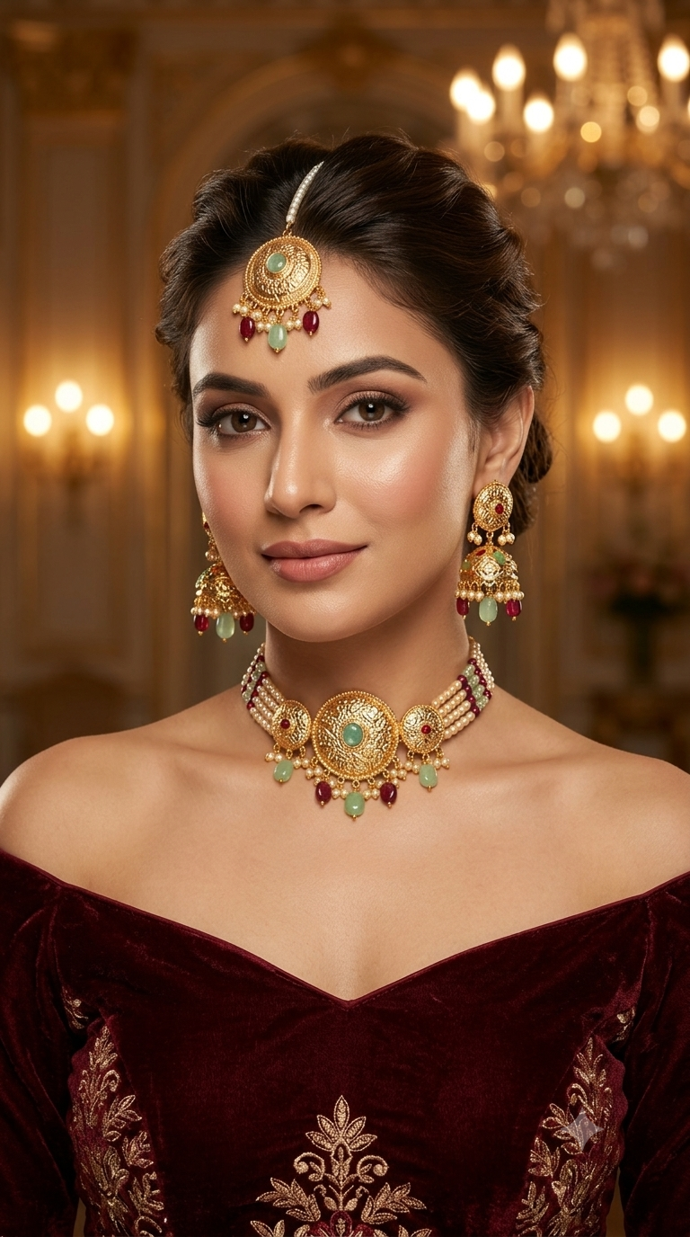 Pink Gold Jadau Punjabi Style Choker Jewellery Jack Set