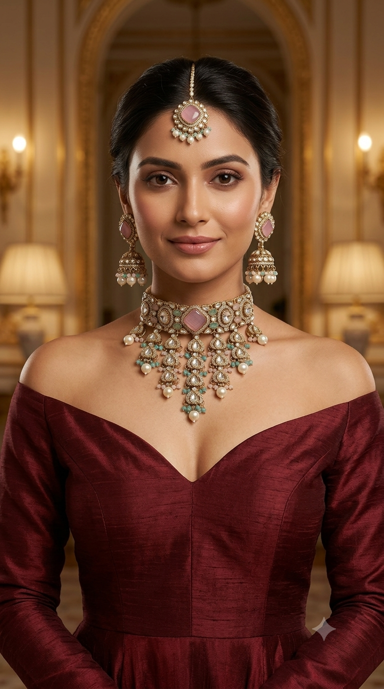 Mint Pink Moissanite Kundan Choker Jewellery Anita Set