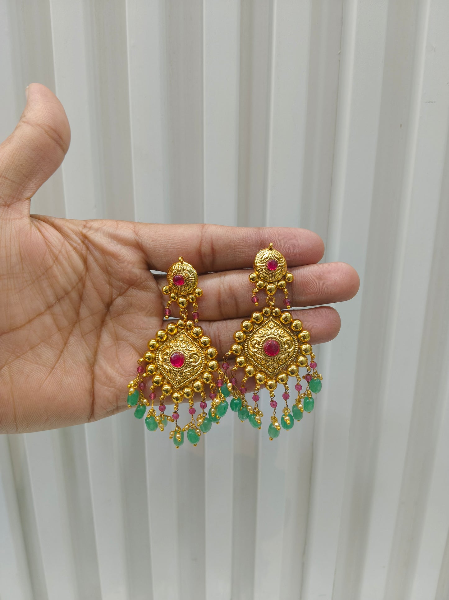 Ruby Sage Green Gold Polki Punjabi Style Sukhmani Earrings