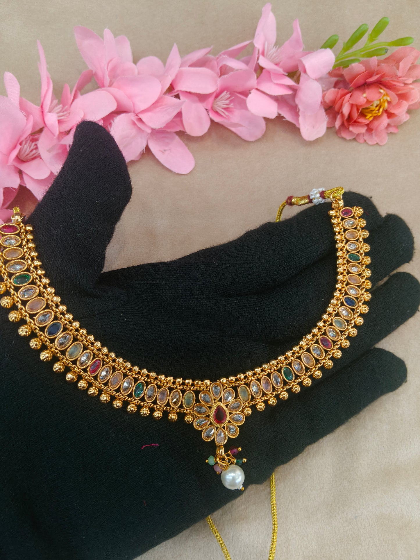 Gold Polki Ruby Green Necklace Jewellery Roma Set