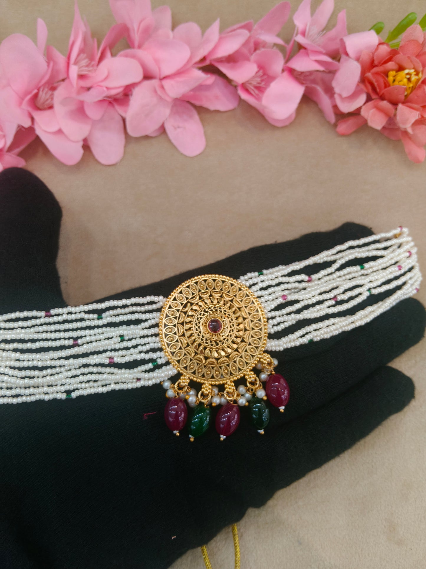 Gold Polki Ruby Green Choker Able Jewellery Polki Set